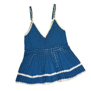 Stewart+Brown Crochet Tank Top Womens Small Blue Organic Cotton Boho Sweater